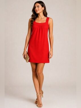 Trina Turk Red Shift Dress Sleeveless Pleated Neck Cocktail Mini S